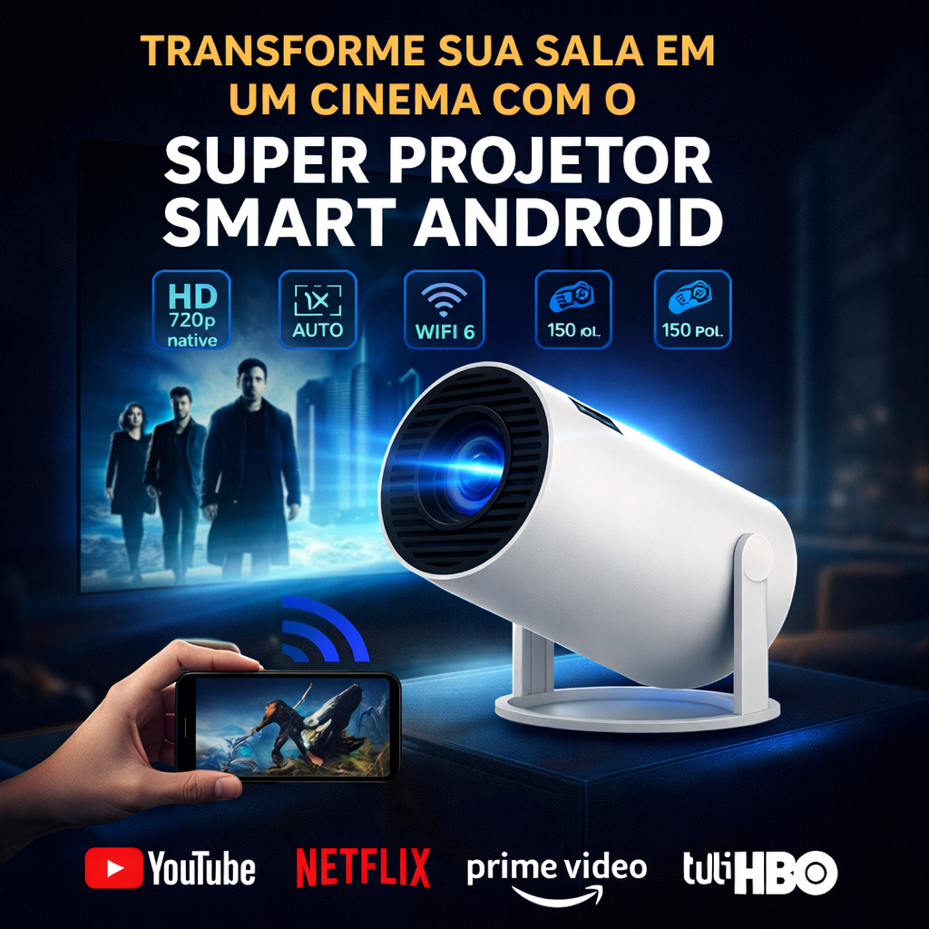 Projetor Smart 4K HD 150" Wi-Fi Bluetooth p/ Celular PC Xbox TV Box PS5 Smart Wi-Fi | Full