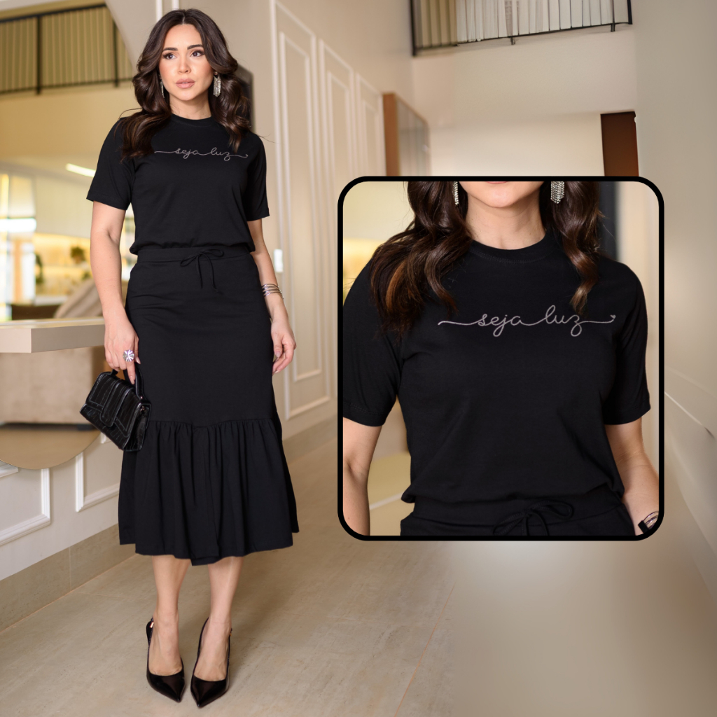 Conjuto de Saia Gola Alta Evangélico Cristão Silk Strass Seja Luz Perolas Babado com Fenda Lateral