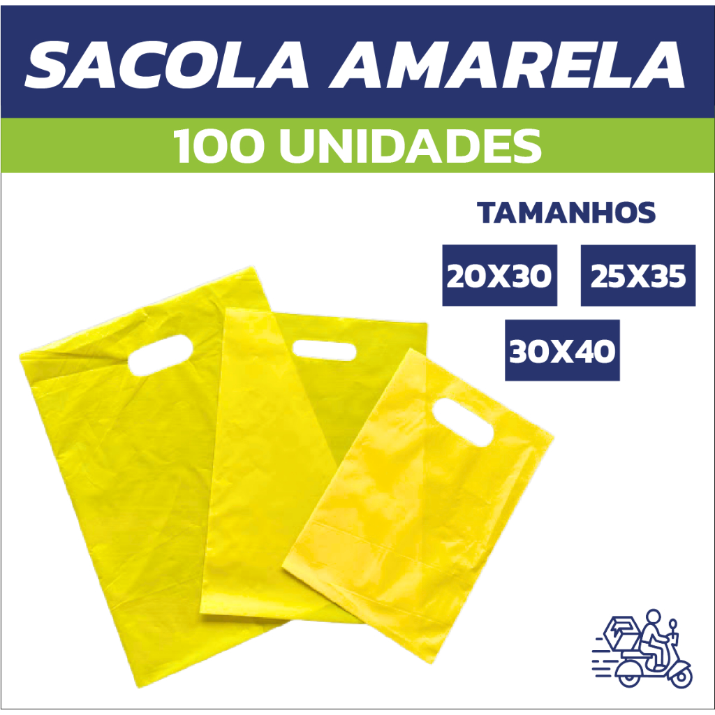 Kit 100 Sacola Plástica Boca de Palhaço Amarela | Alça Vazada Cores Tamanhos