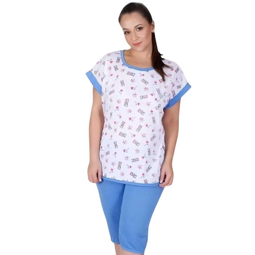 Pijama Feminino Pescador Senhora Manga Curta Bermuda Conforto em Oferta na Shopee