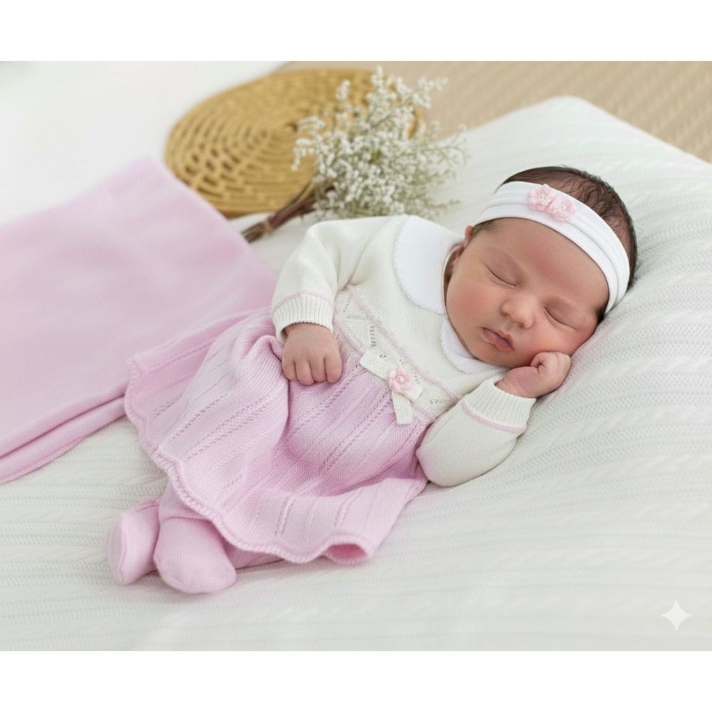 Conjunto Maternidade Feminino 4 Peças Recém-Nascida com Manta, Body, Vestido e Mijão