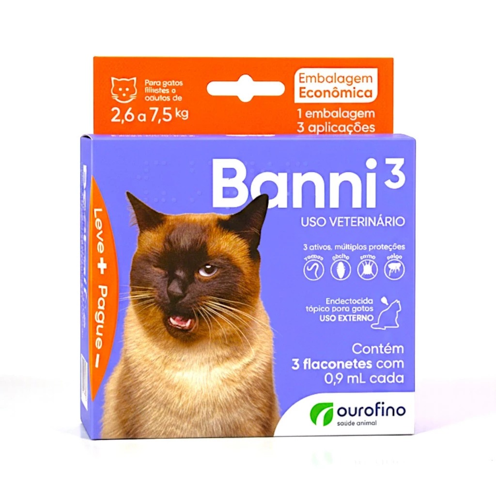 Combo Banni 3 Gatos 2,5kg a 7kg Vermes Pulgas Sarna Piolho 3 Unidades - Ourofino Pet em Oferta na Shopee