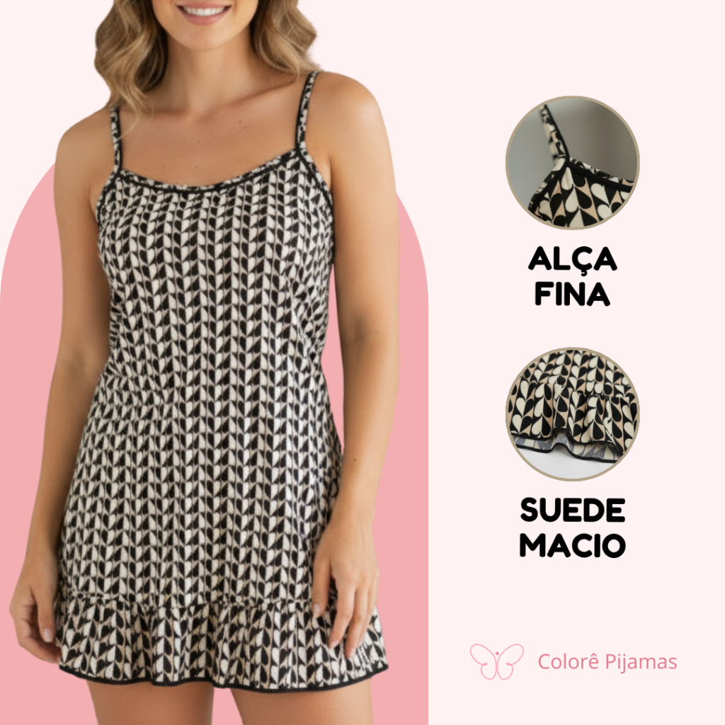 Camisola Feminina Suede Alça Fina Estampada Coração Pijama Curto Confortável em Oferta na Shopee