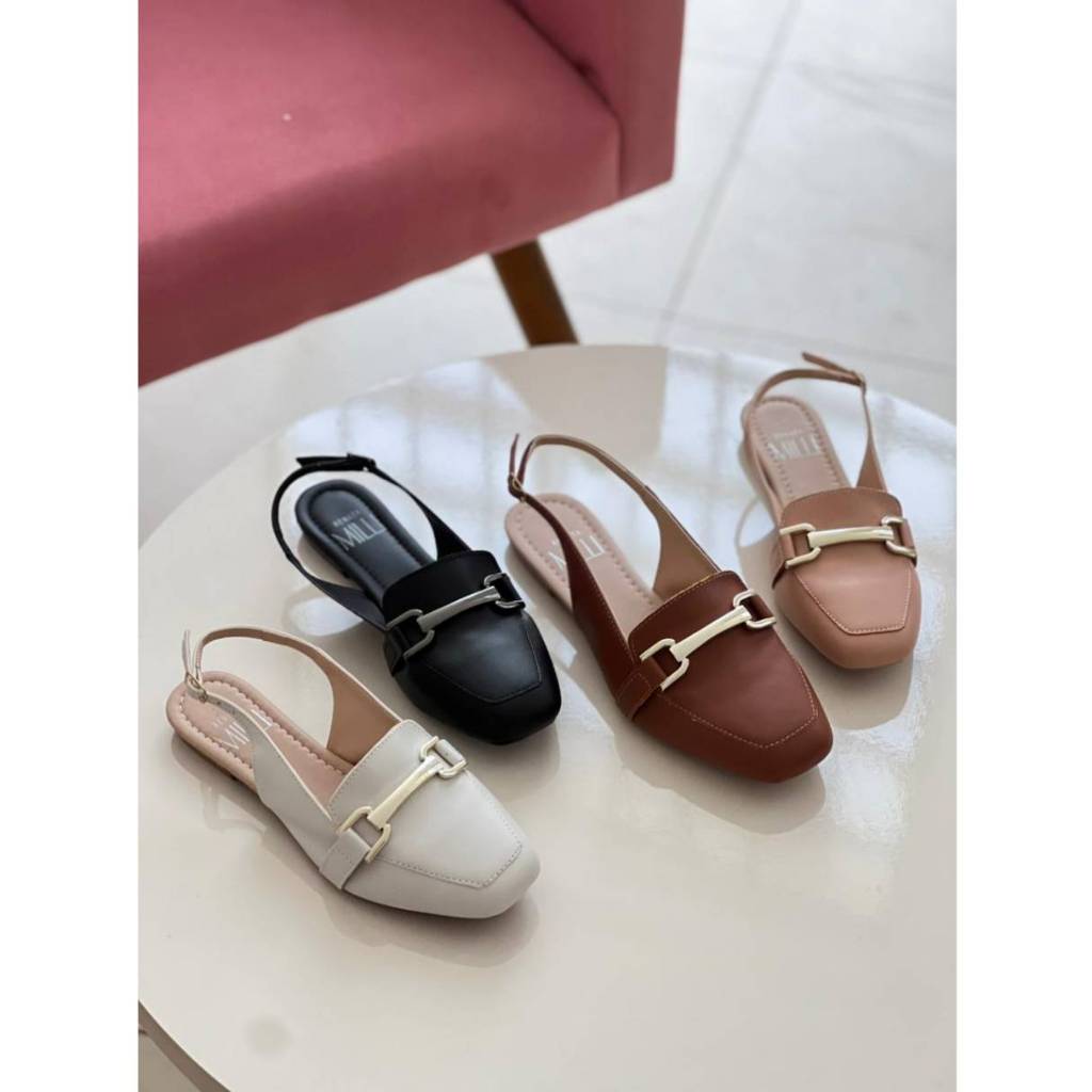 Sapatilha Slingback Milli Bico Quadrado Com Enfeite Fivela Elegante Social