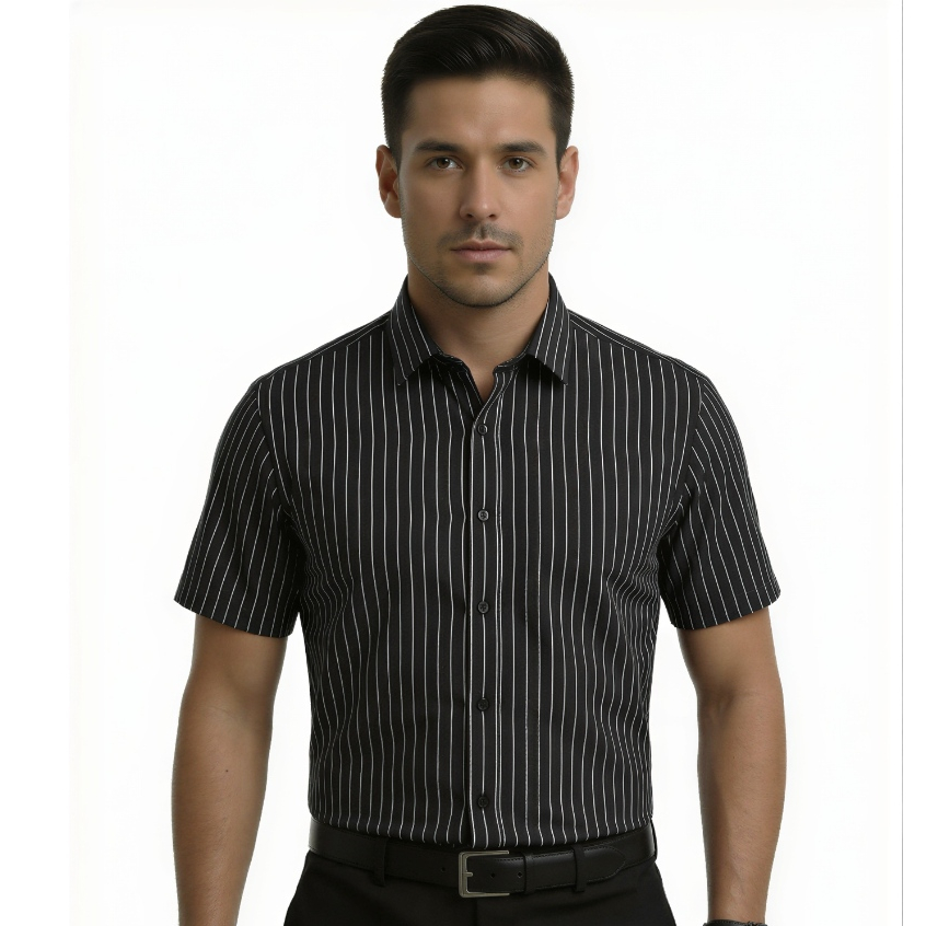 Camisa Social Listrada Manga Curta Confortável Tecido Leve Premium em Oferta na Shopee