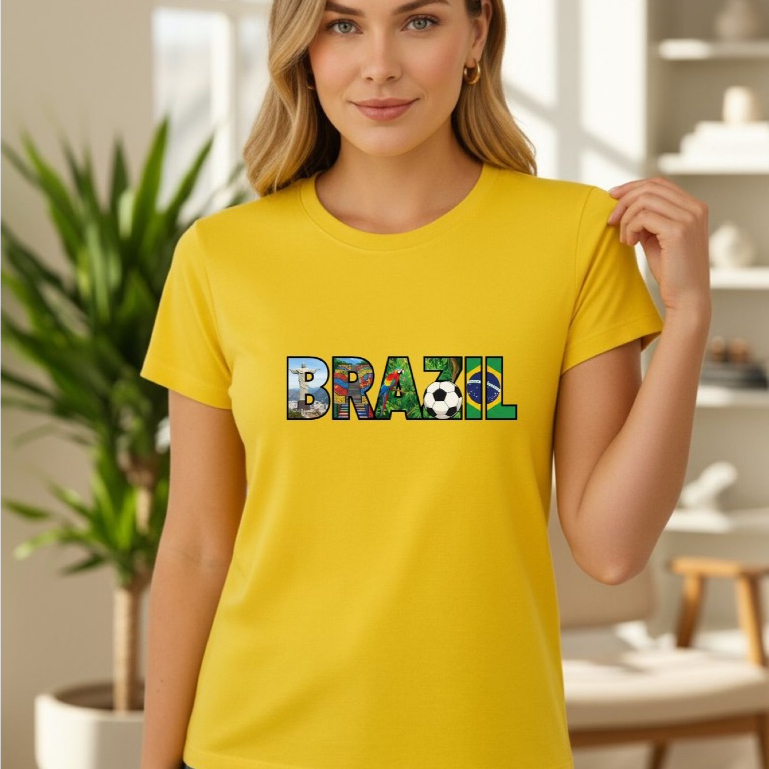 Blusa Feminina Estampa Brasil Cristo Gola Careca baby look Copa do Mundo