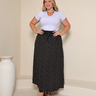 Saia Longa  Plus Size Viscolinho Poá Cintura Alta Com Bolso e Fenda na Lateral Para Mulheres em Oferta na Shopee