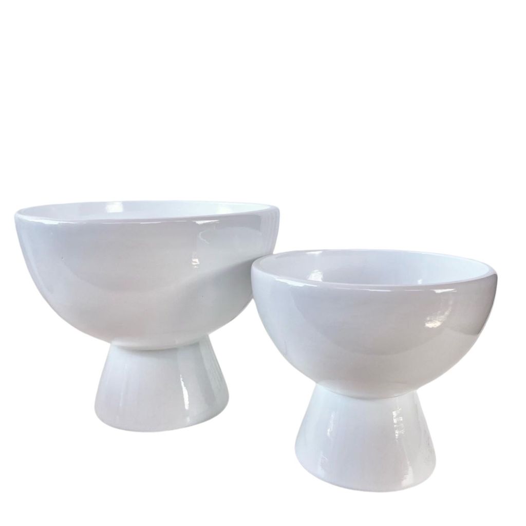 Dupla vaso taça de cerâmica branco brilho com pé pedestal decor