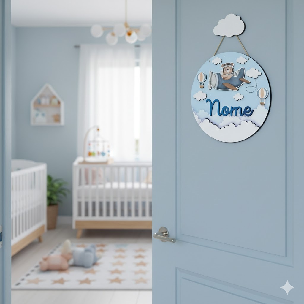 Enfeite Porta Maternidade MDF Urso Aviador, Avião, Ursinho Nome Personalizado