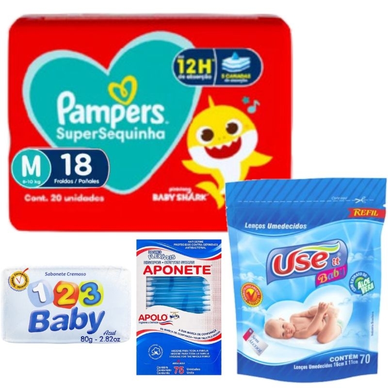 Kit chá de bebê Presente Fralda Pampers + sabonete + cotonete + refil de lenço umedecido