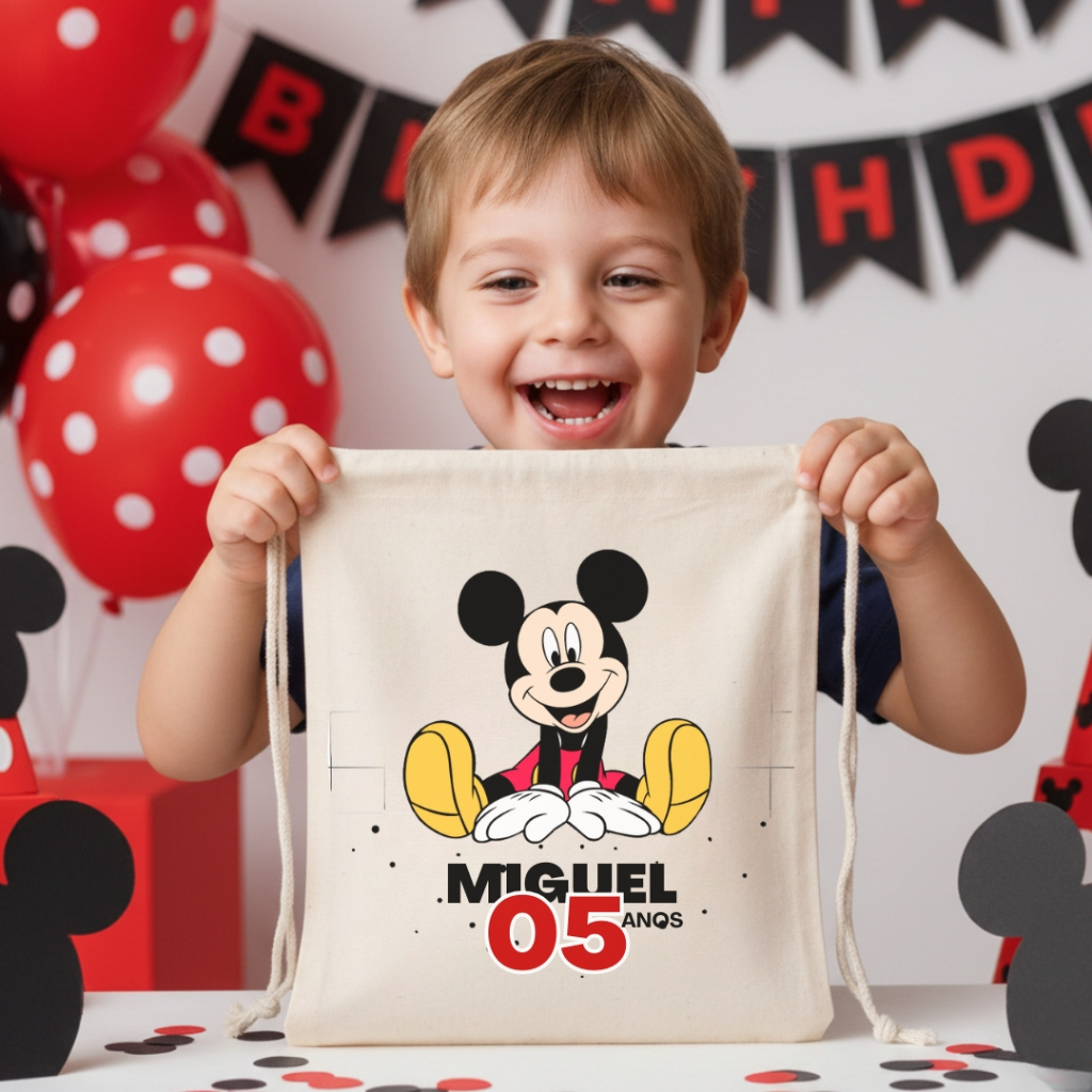 Kit Lembrancinha de Aniversário Infantil Saquinhos de Algodão Cru Tema Mickey Festa Infantil Personalizados