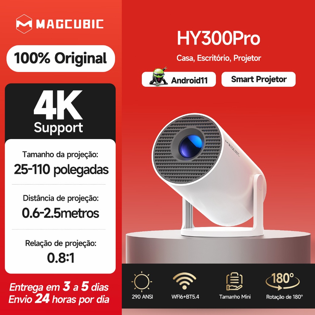 MAGCUBIC Projector HY300 Pro 290ANSI 4K  MIni Size Alto-falante De 5 W Rotação De 180° for Outdoor