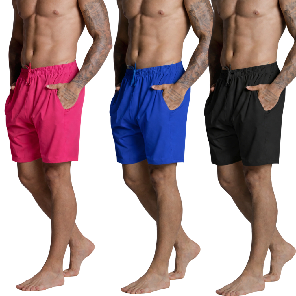 Kit 3 Bermudas Tactel Leve Com Elastano Liso Casual E Confortavel Otimo Em Esporte Como Futebol