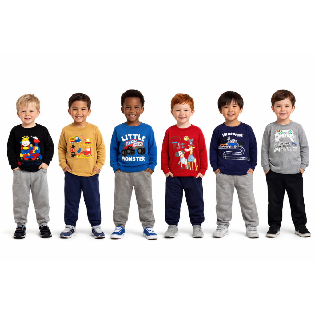 Kit 6 Peças Roupa Infantil Masculina de Inverno Kit com 3 ou 1 Conjuntos Moletom Flanelado Linha Básica, Estampa Sortida