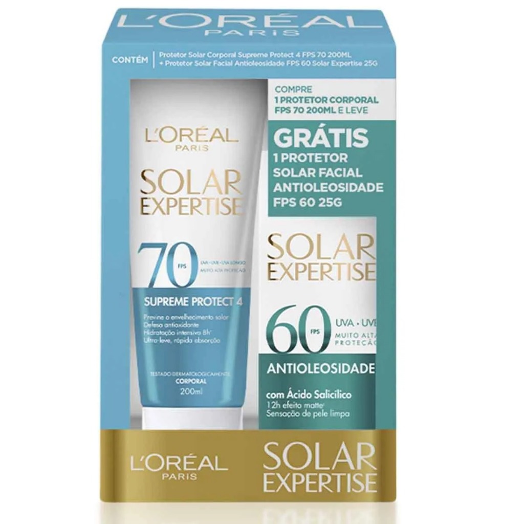 Kit Protetor Solar L'Oréal Expertise Corporal FPS 70 200ml + Facial Antioleosidade FPS 60 25g em Oferta na Shopee