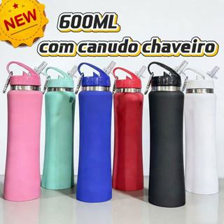 Garrafa Térmica inox 304 600ml Com Canudo Camada Dupla Com chaveiro Não Vaza Bebidas Quen…