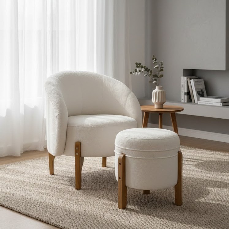 Poltrona Helena Estofado Bouclê Off Premium com Puff Orgânico Elegante Ideal Sala Estar Re...