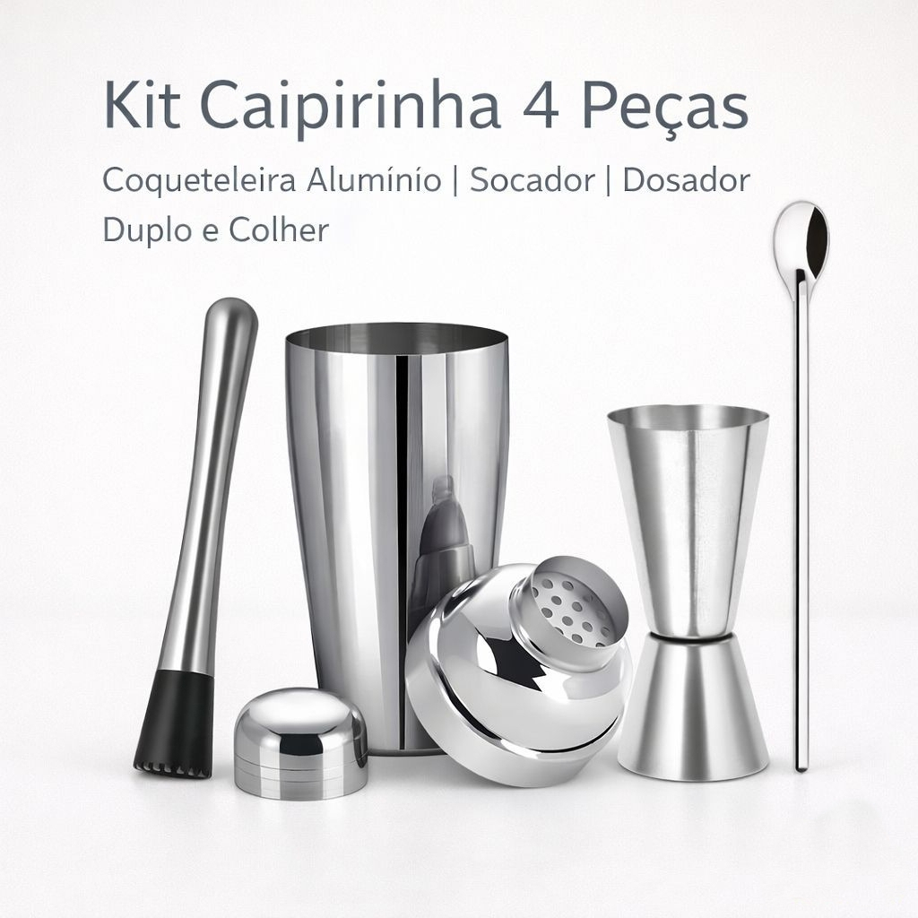 Kit Coqueteleira Inox 500ml Caipirinha Barman 4 Peças Profissional Socador Colher Dosador em Oferta na Shopee