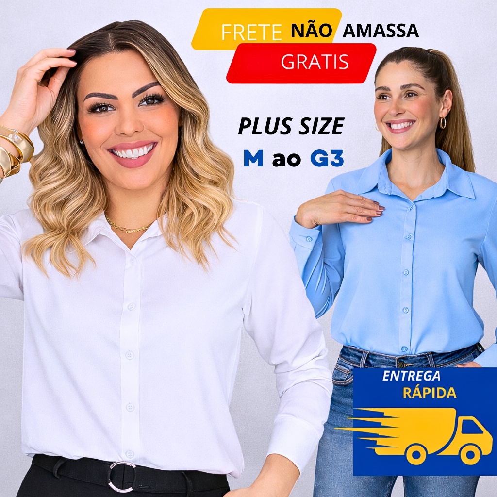 Camisa Social Feminina Manga Longa Gola Colarinho Crepinho Elegante para Trabalho Plus Size M ao G3 em Oferta na Shopee