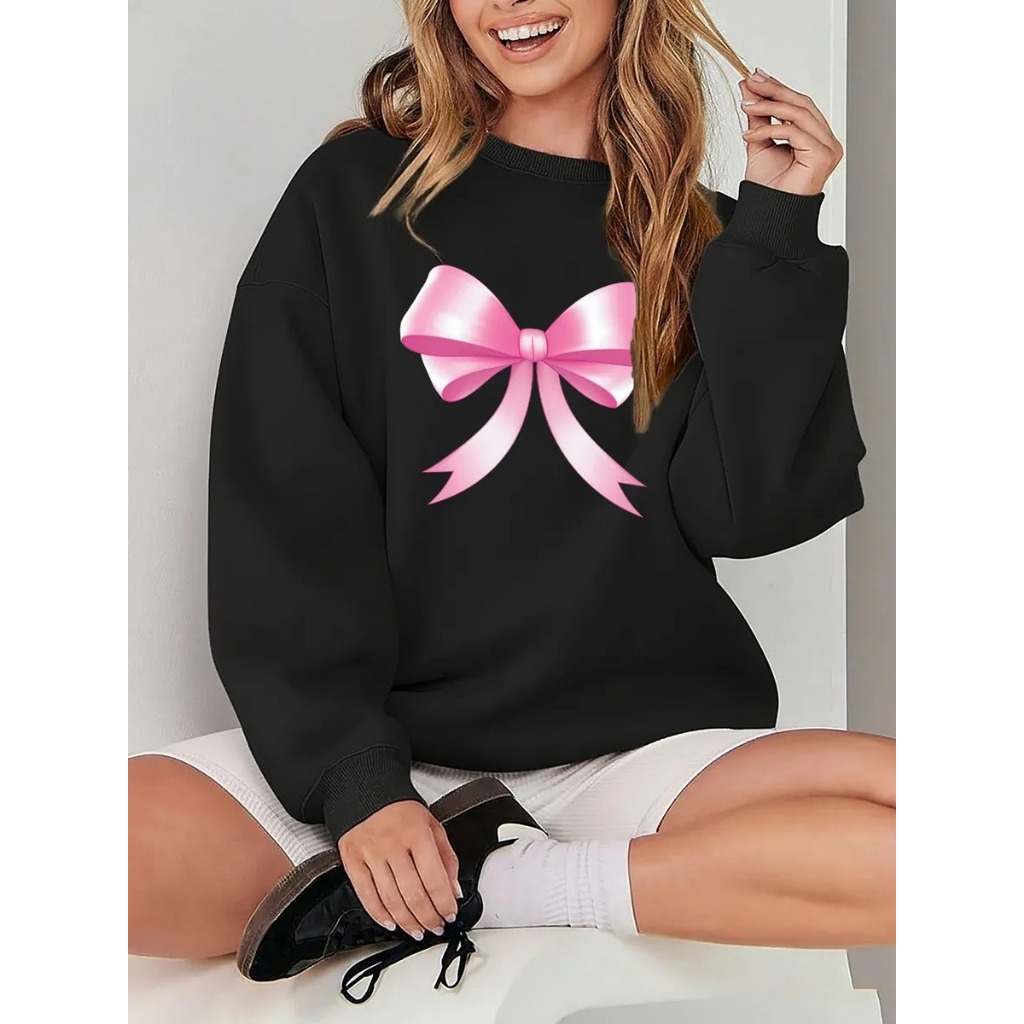 Moletom Gola Careca Redonda Estampa Laço Rosa Casaco de Frio Blusa Agasalho Algodão Feminino Unissex Passeio Treino