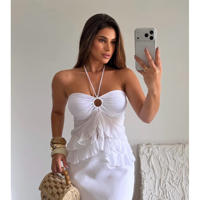 Batinha Feminina Frente Única com Argola e Babados em Tule – Modelo Drapeado Leve e Elegante Tendência 2026 em Oferta na Shopee