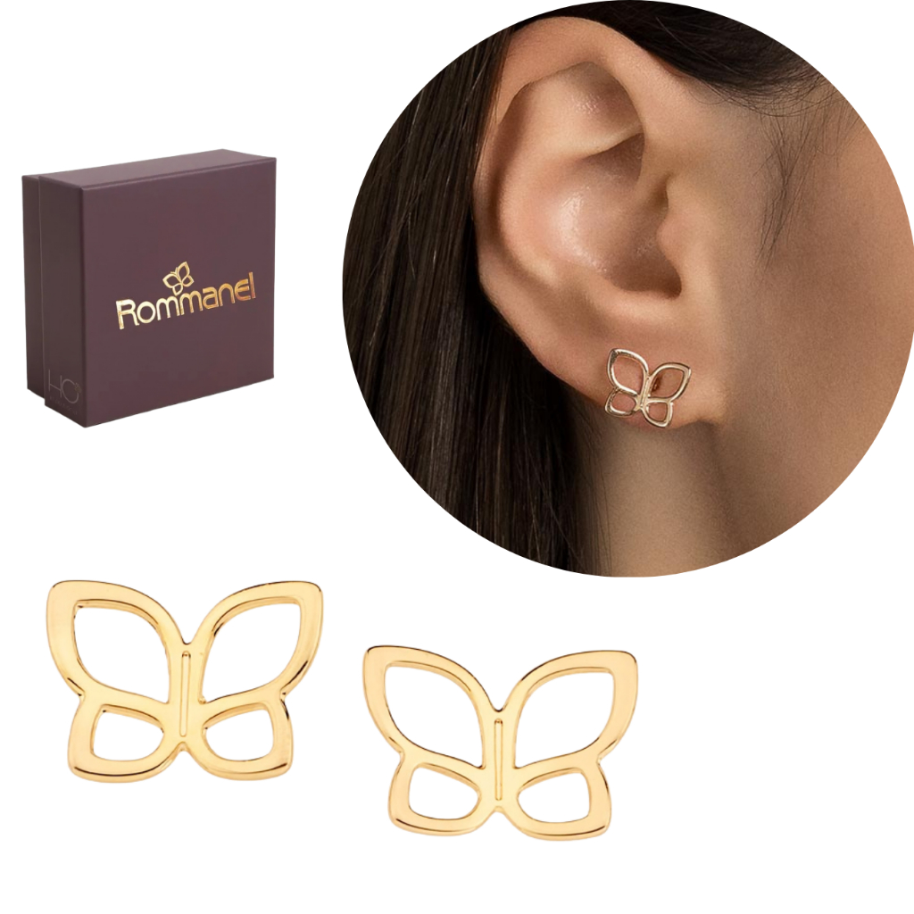 Brinco Rommanel Borboleta Vazada Pequena Ouro 18k Original + Kit Presente NF em Oferta na Shopee