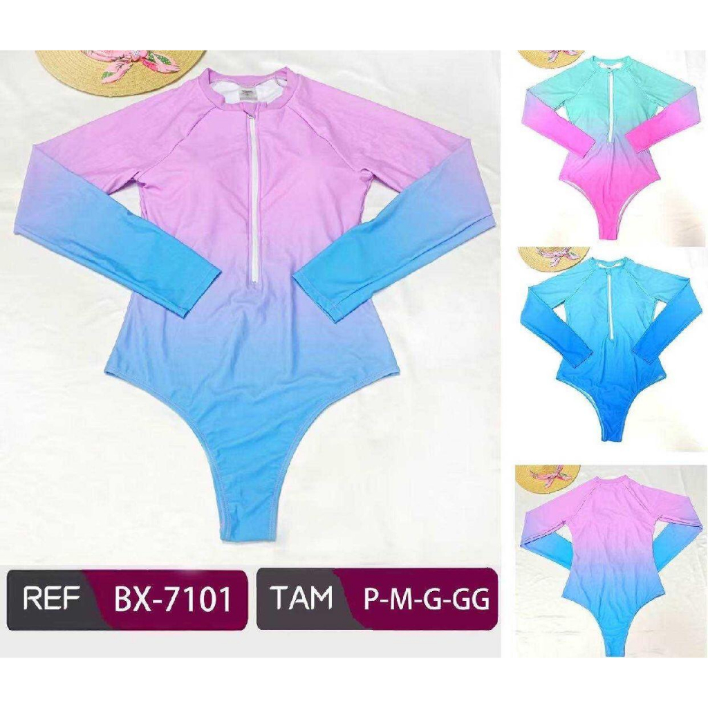 Maiô Manga Longa Com Zíper Proteção UV Feminino Moda Praia Degradê Body De Natação Surf BX-7101