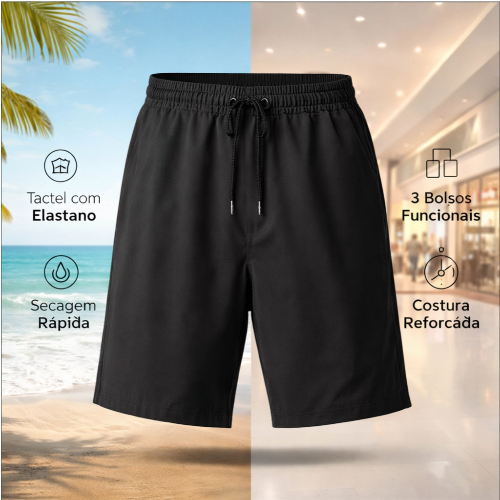 Short Tactel Liso c/ Elastano Masculino Preto-com bolsos 3-confortavel-qualidade-justo ao corpo e caído-treinar-praia