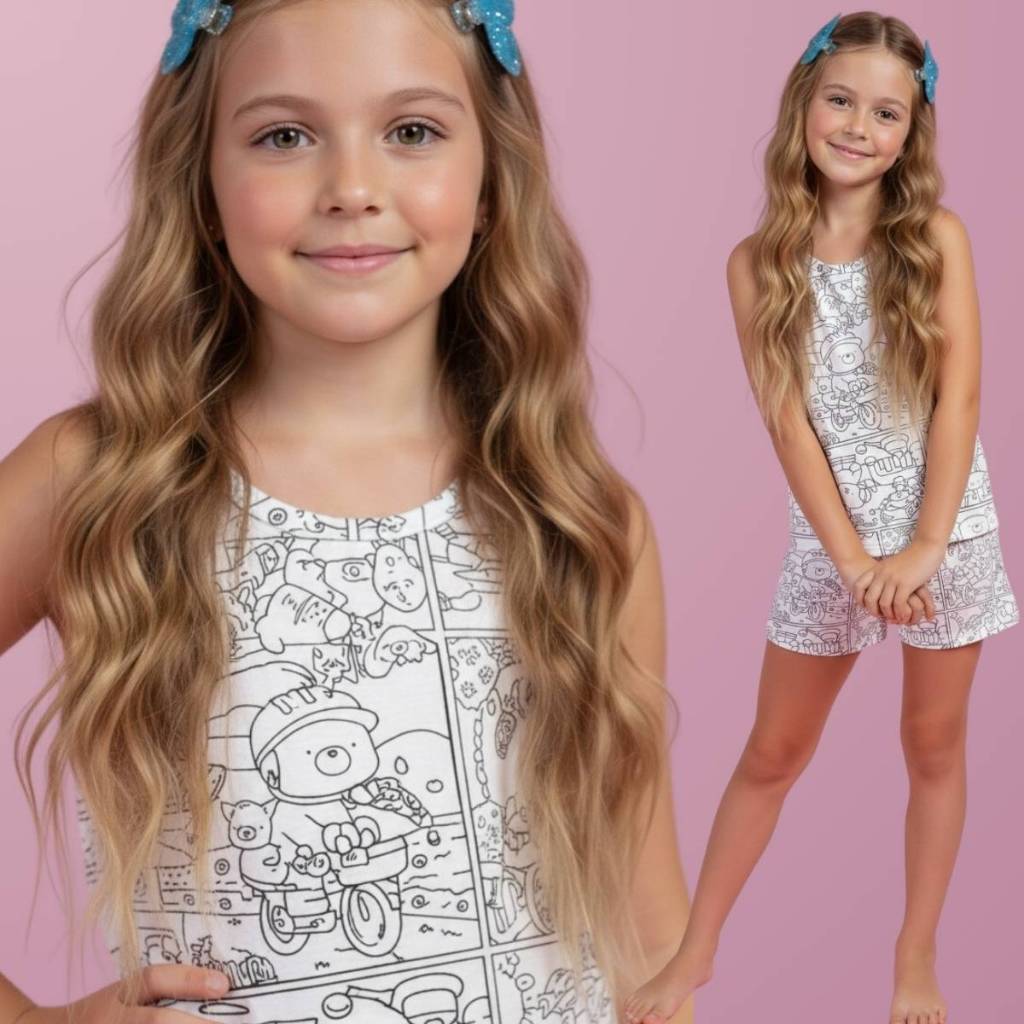 Kit Pijama Infantil para Colorir 2 Peças Regata + Short com Canetinhas Laváveis | Pinte e Lave Diversão Criativa