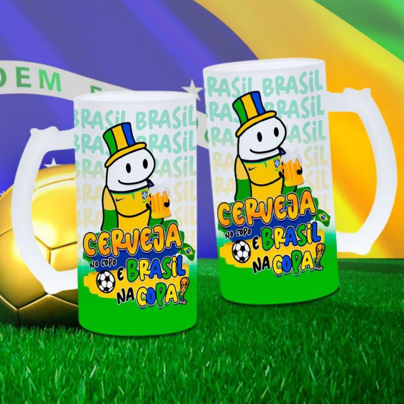 Caneca de Chopp Jateada da Seleção Brasileira Hexa Copa do Mundo de Vidro 475ml