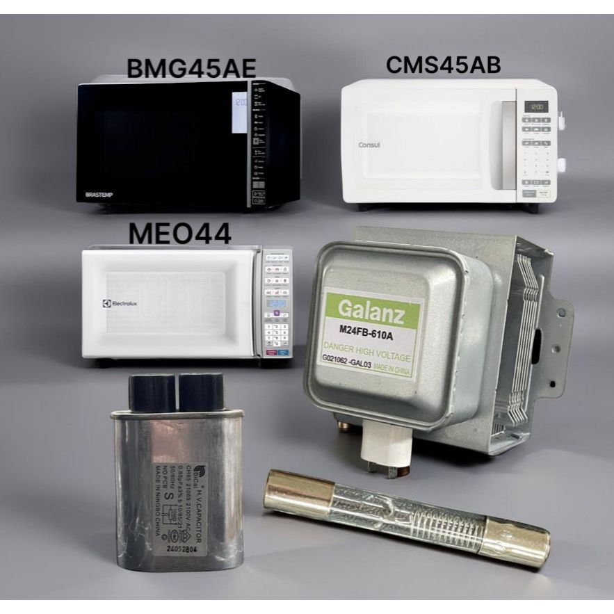 Kit Recupera Aquecimento Microondas BMG45AE / MEO44 / CMS45AB Magnetron 610A + Cap 0,85uf + Fusivel de Vidro 0.8A