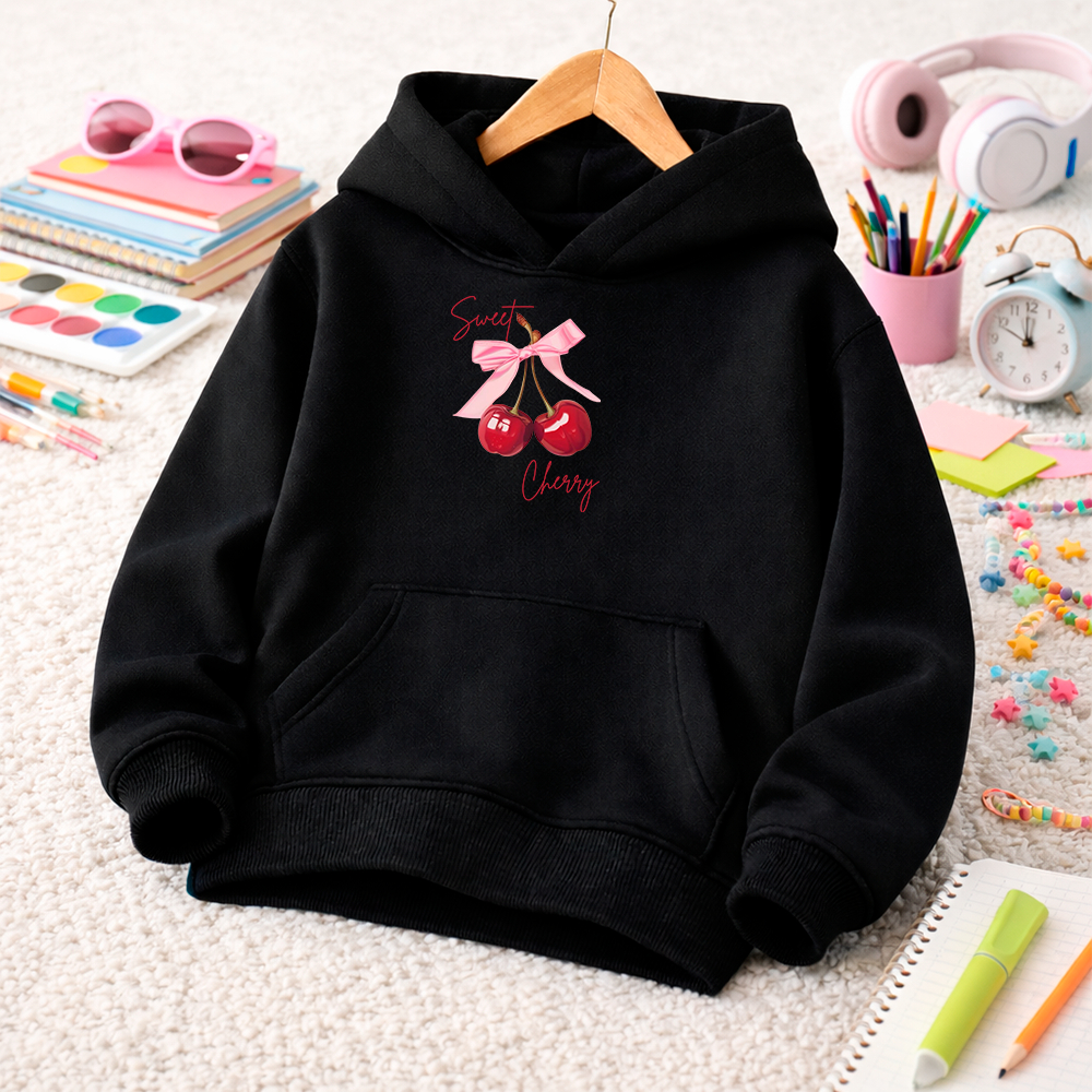 Moletom Infantil Feminino Desenho Cereja Blusa Frio Com Capuz Flanelado