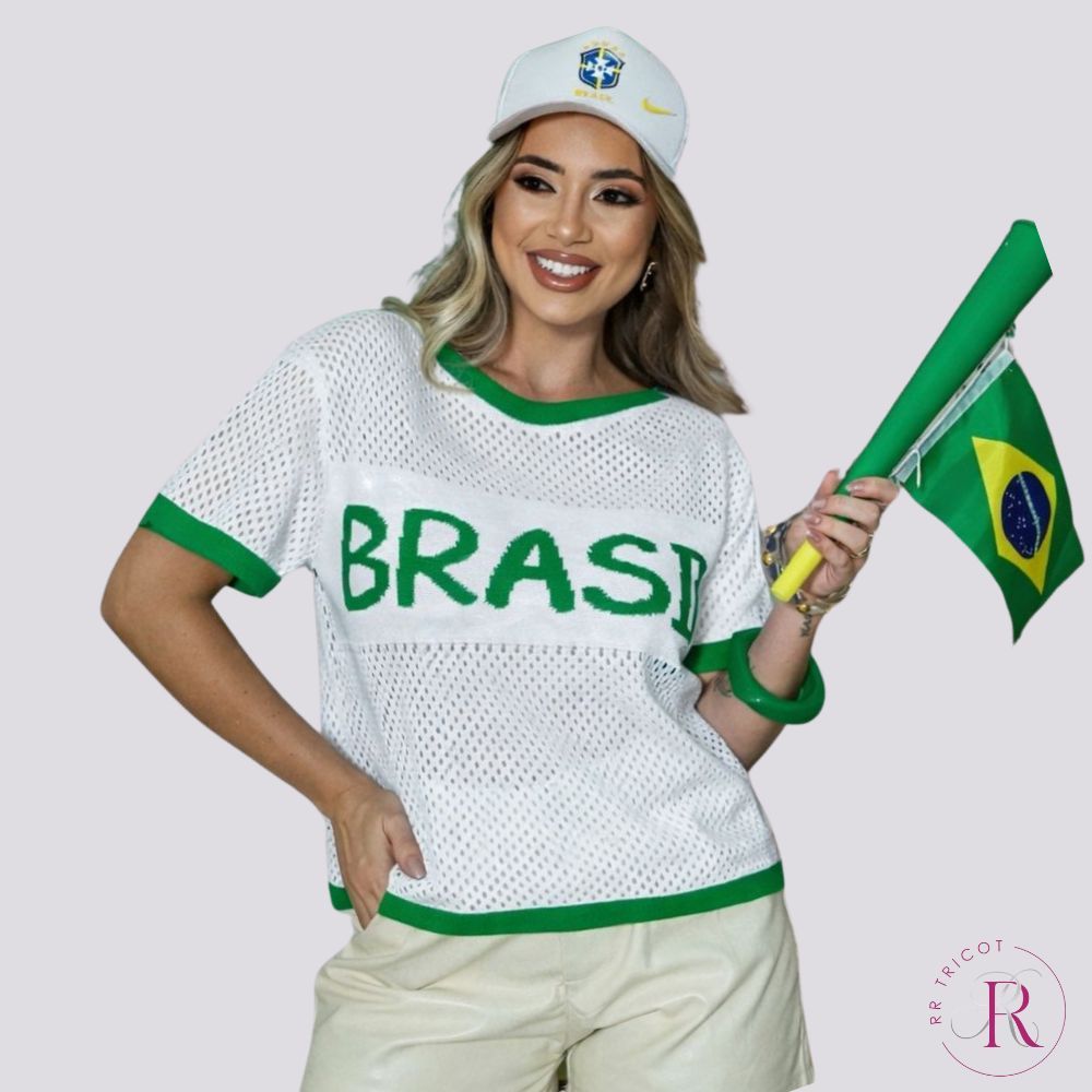 Camiseta Brasil Feminina Tricô Vazado Copa do Mundo Manga Curta P ao G