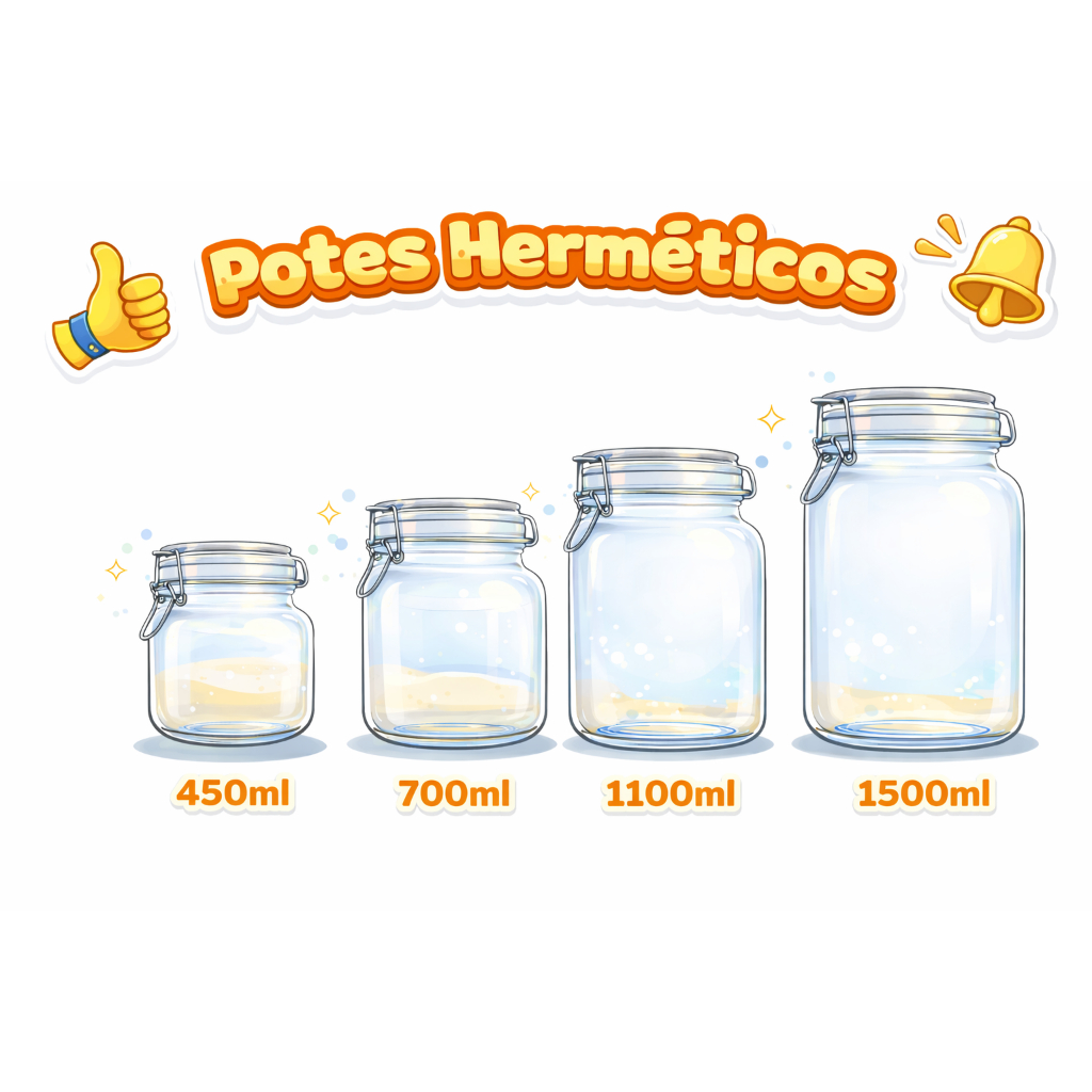 Kit 4 Potes Herméticos 450ml 700ml 1100ml 1500ml Tampa Vedada Armazenamento Mantimentos Vidro Promo