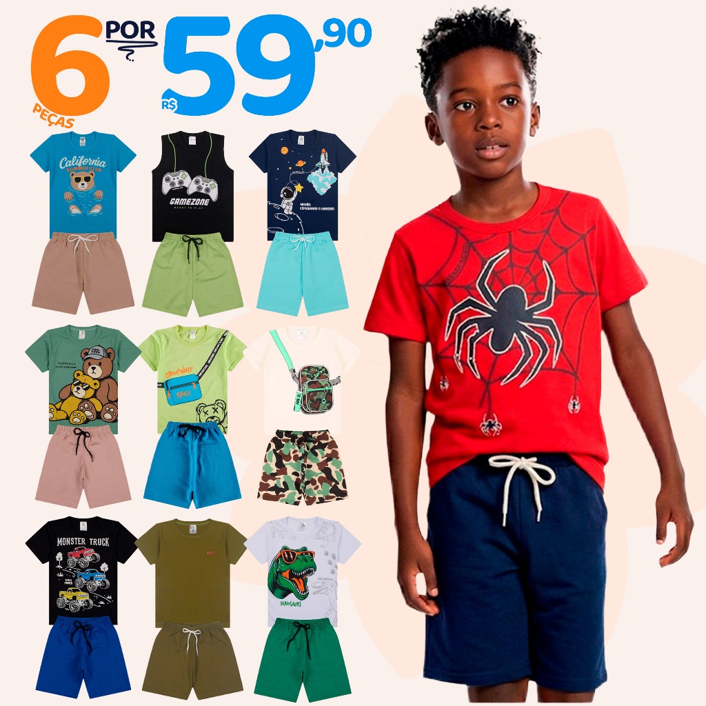 Kit Sortido 6 Peças de Roupas Infantil Menino 3 Camisetas + 3 Bermudas - Kit com 3 Conjuntos de Roupa Infantil Menino em Oferta na Shopee