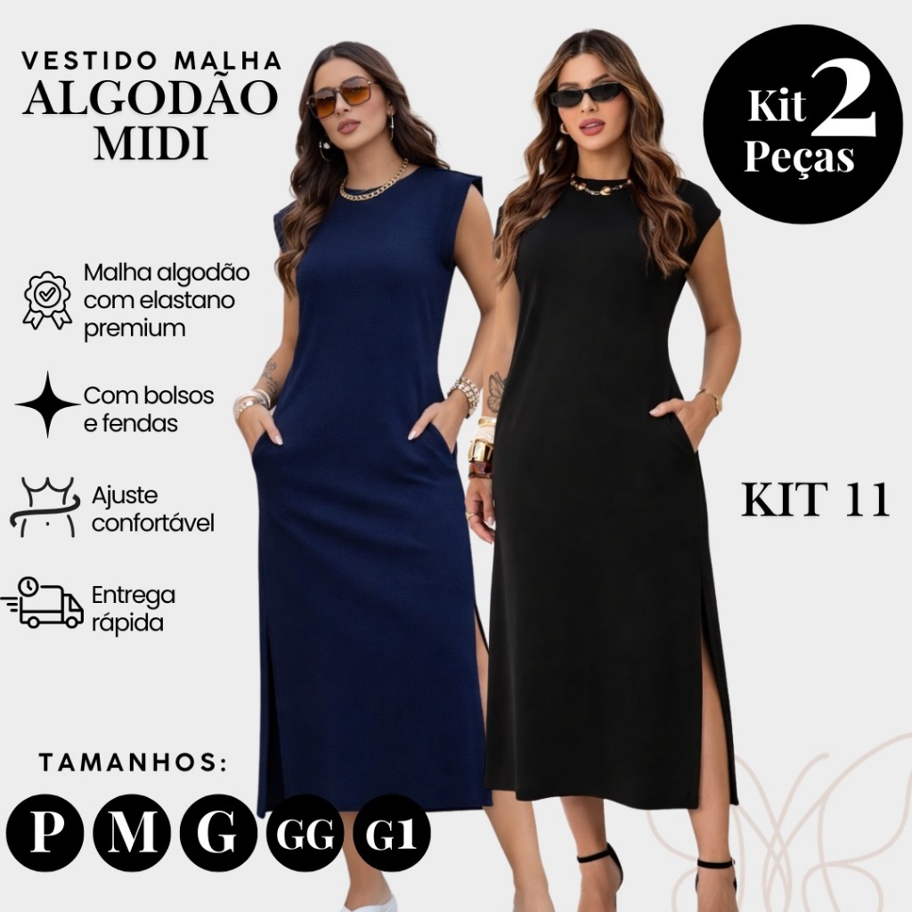 Kit com 2 Vestidos Midi Feminino Algodão Premium Elastano Básico Confortável com Bolso