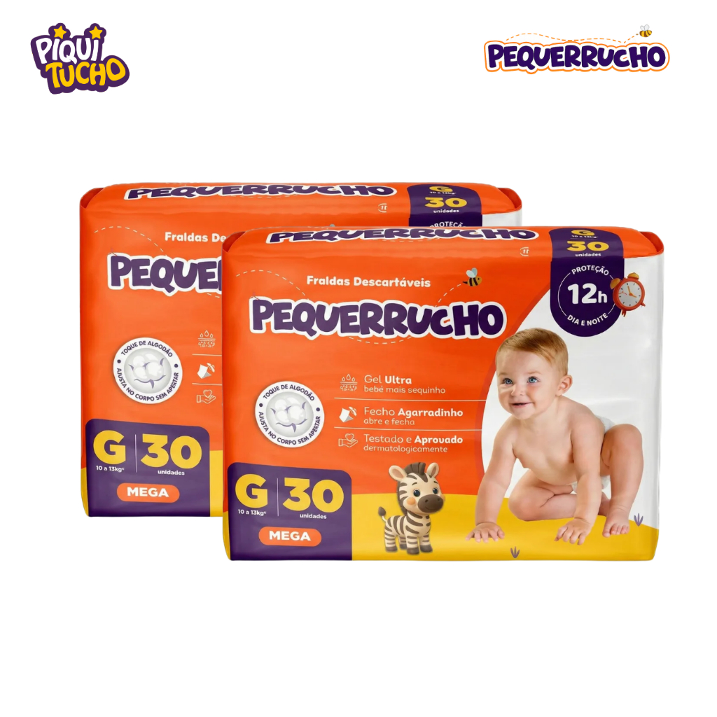 Kit com 2 pacotes Pequerrucho Mega G | Proteção 12h | Econômico | 60 Fraldas