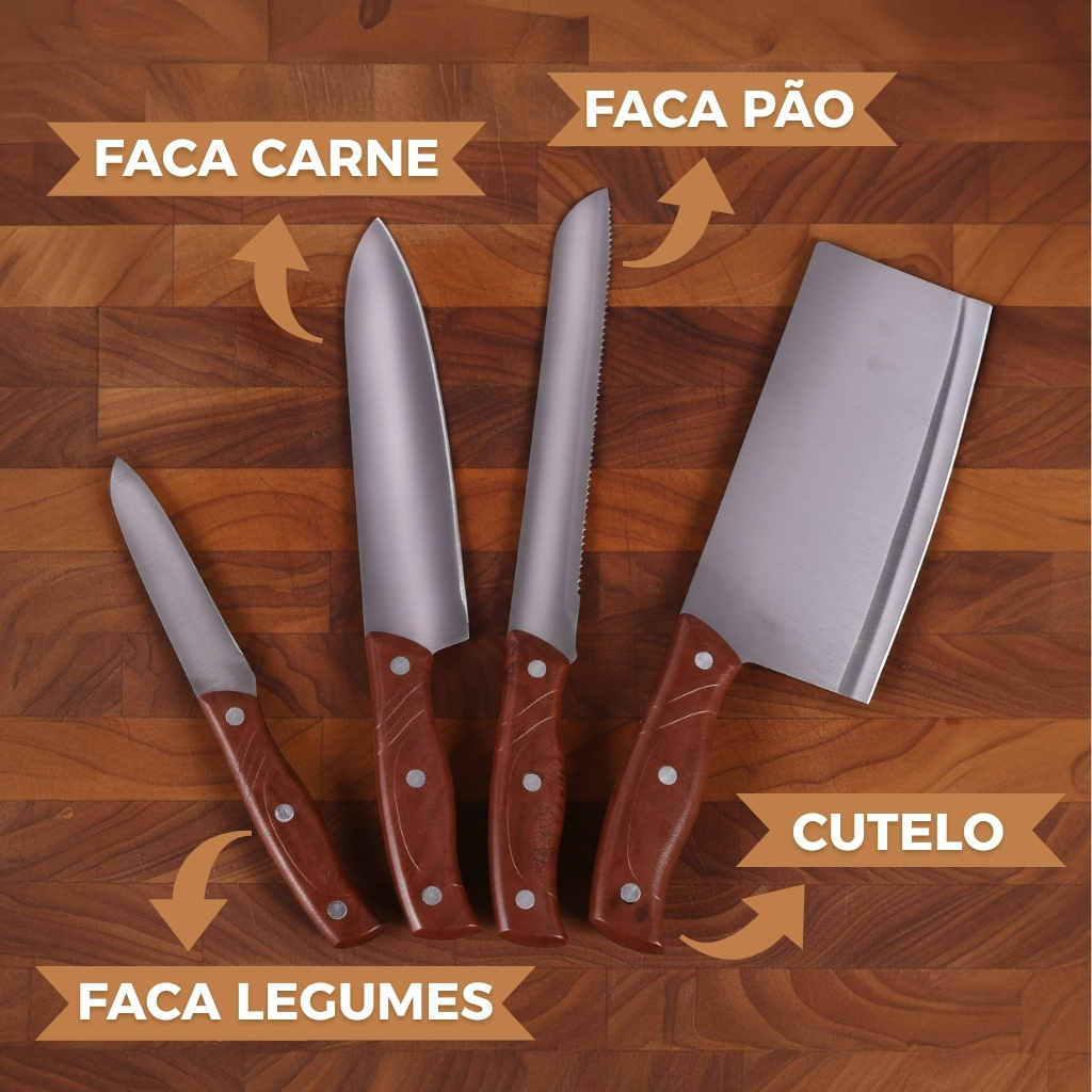 Jogo de Facas Inox 5 Peças com Cepo de Madeira Faca de Carne Pão Legumes Cutelo Cozinha Bene Casa · foto 2