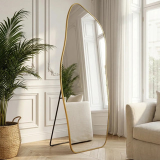 Espelho Lopazzi Corpo Inteiro Orgânico 170x70cm Flame Retangular Oval Base Reta Dourado Com Suporte de Chão
