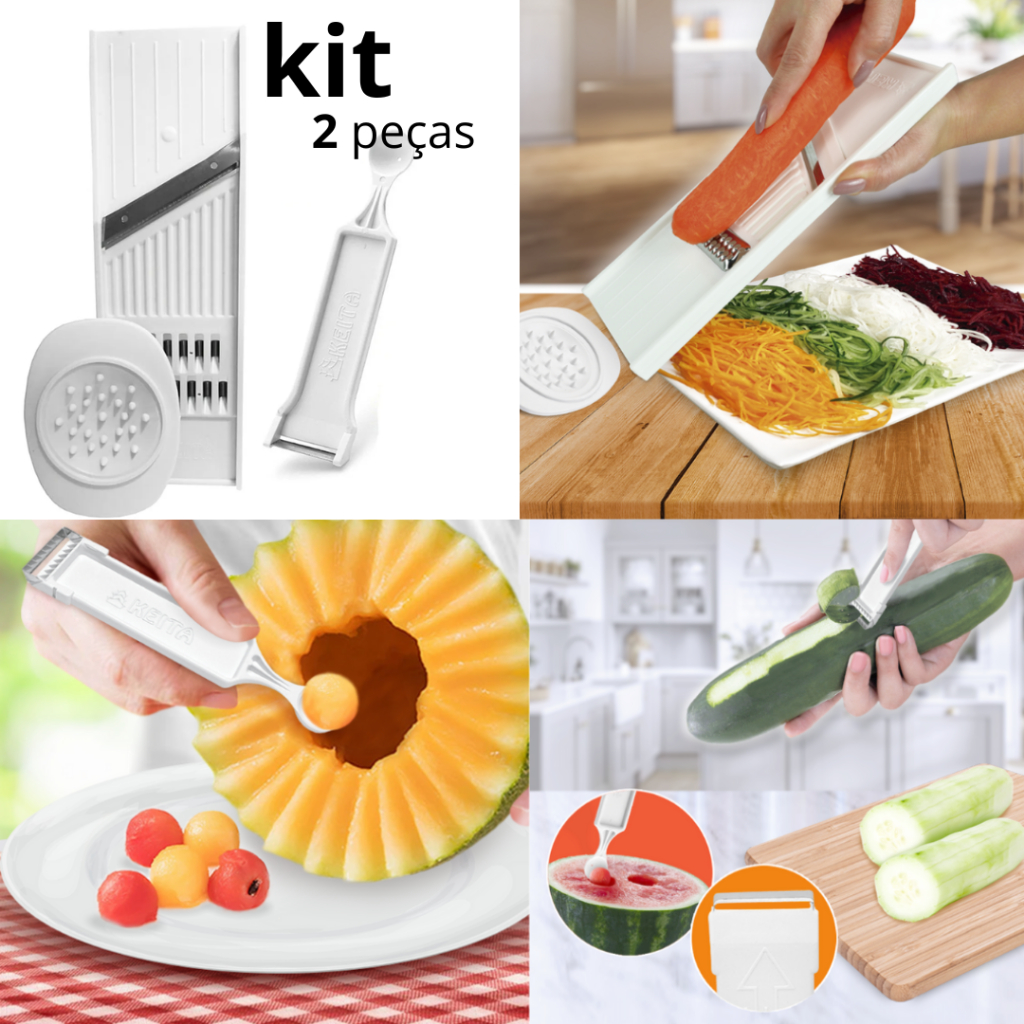 Kit 2 Peças 4 em 1 Descascador Cortador de Legumes Dupla Face Boleador Ralador Ralador Multiuso