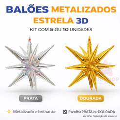 Balões Metalizado Estrela 65Cm kit 5/10 Decoração Festa Natal Ano Novo