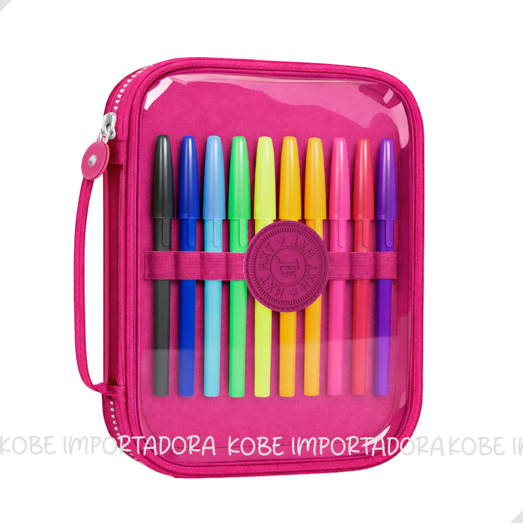 Estojo Transparente Organizador Grande com Divisória e Alça Escolar 12 Elásticos para Canetas