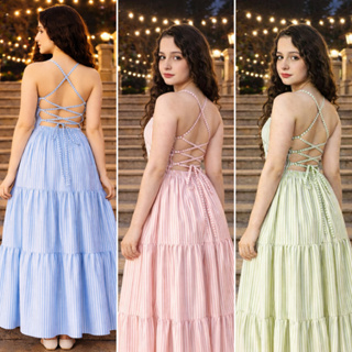 Vestido Juvenil Menina Longo Listrado Festa Elegante Ajustável Costas Abertas Trançado Verão em Oferta na Shopee