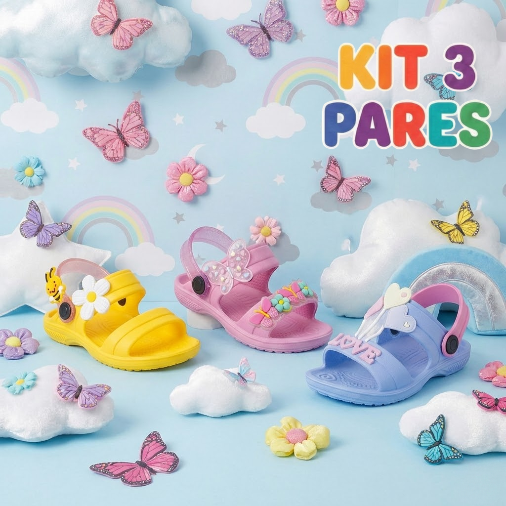 Kit 3 Papete Sandália Infantil Menina Colorida Chinelo Leve Com Sola Antiderrapante