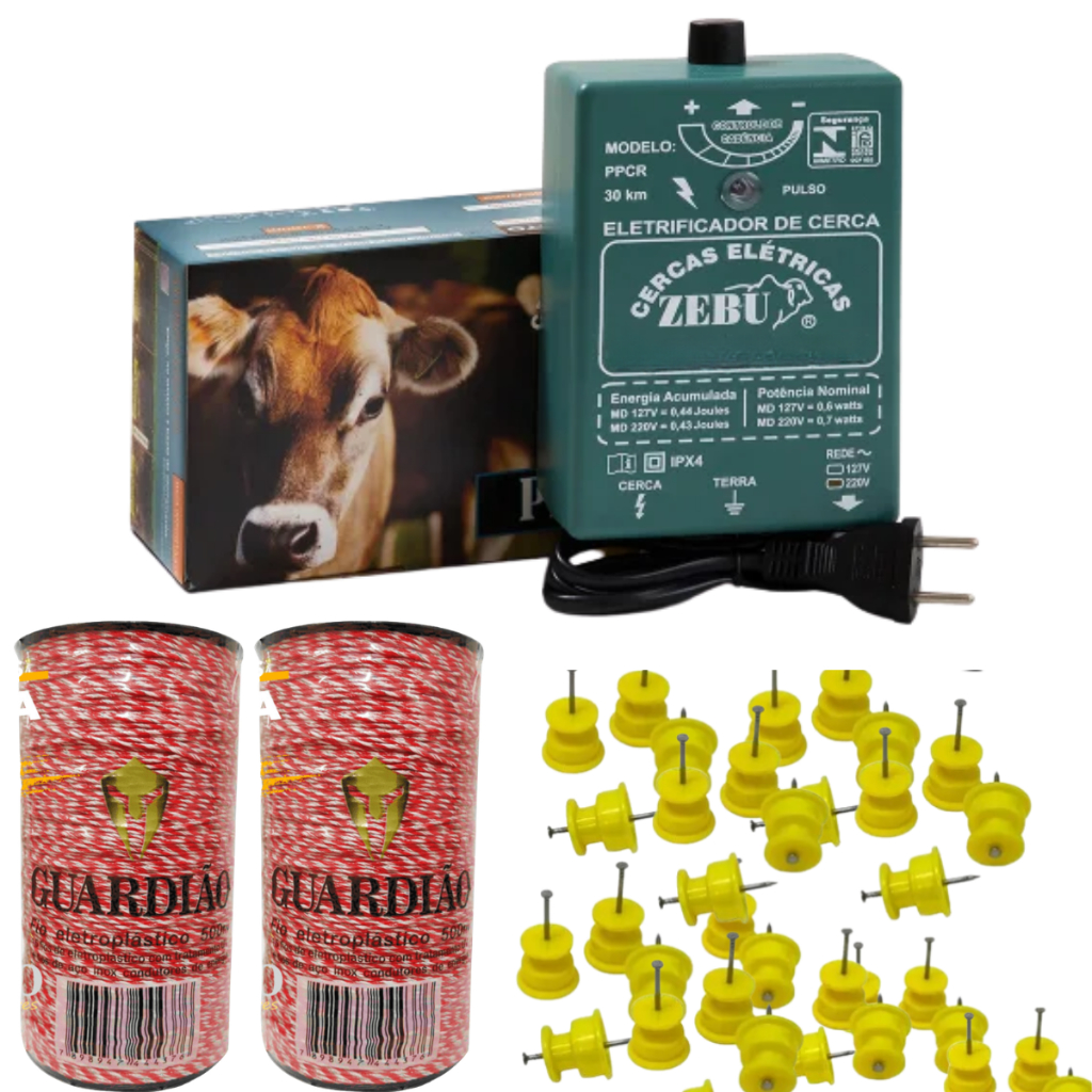 Kit Cerca Elétrica Zebu PPCR +  100 Isoladores + 1000mt Fio Eletroplastico Inox