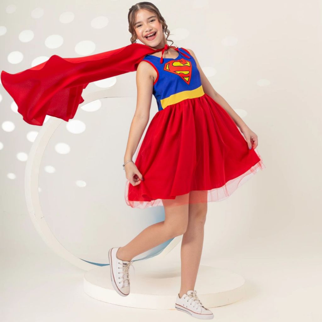Fantasia Infantil Feminina Personagens Stitch Unicórnio Colorido Super Girl Rodado Babado Festa