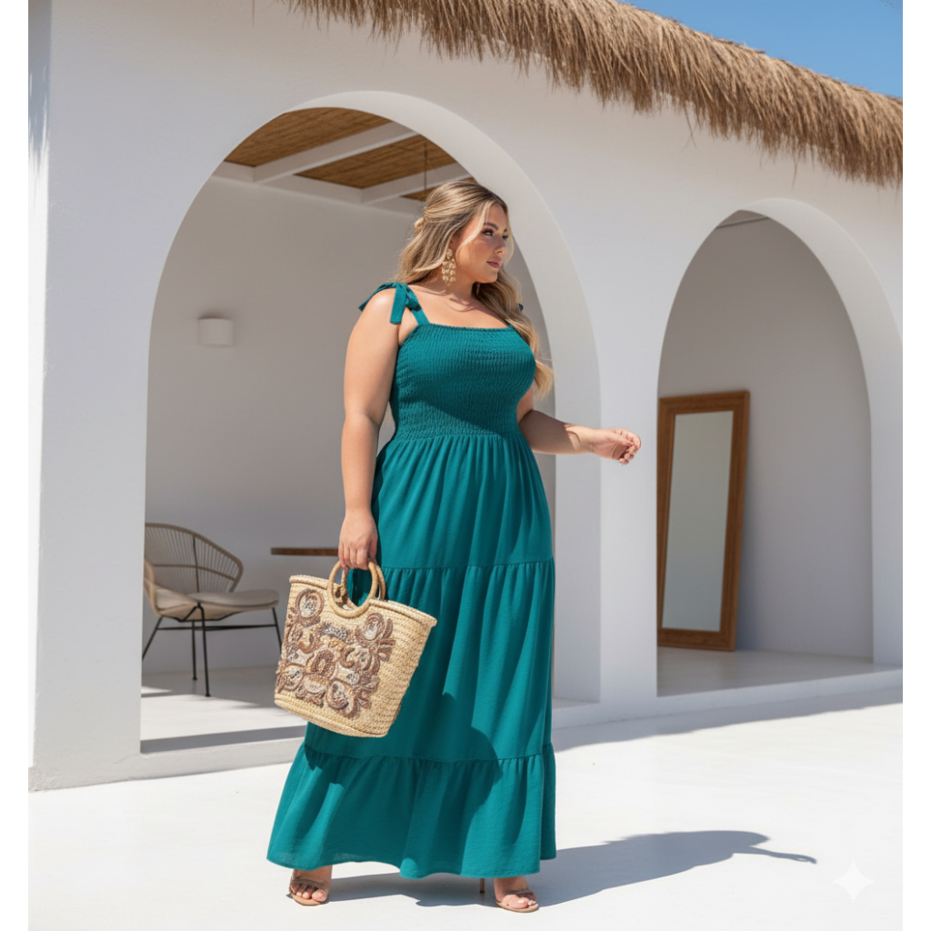 Vestido longo plus size alças de amarrar corpo lastex modelo três marias soltinho verão em Oferta na Shopee