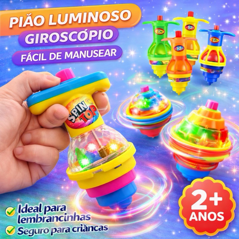 Kit 3/5/10 Pião Com Lancador Luz Led Lembrancinha Festa Infantil Brincadeira Criança Pronta Entrega