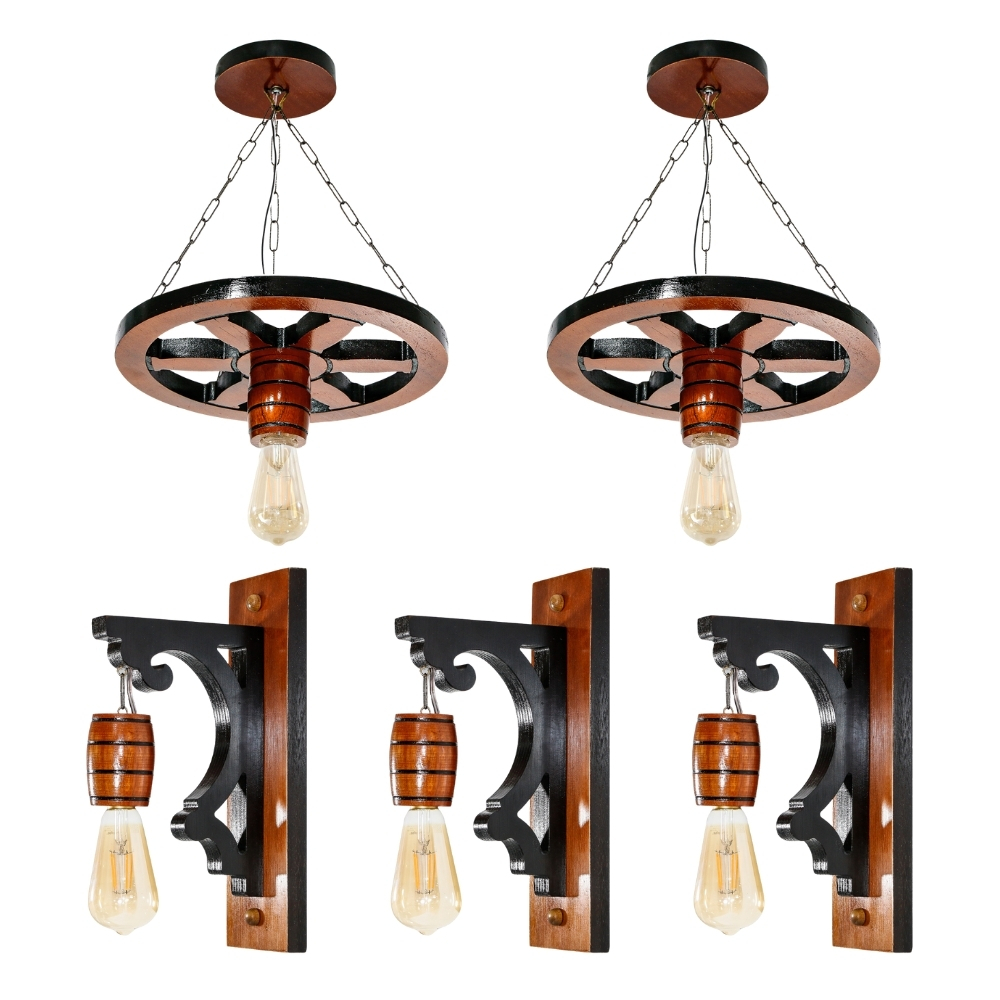 Kit 5 Luminárias Pendente Roda de Carroça e Luminárias Arandela Retrô Para Decoração - Mogno