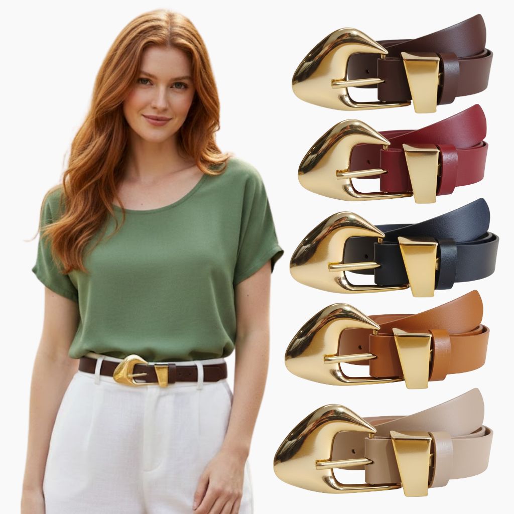 Cinto Feminino Fivela Organica Dourada Elegante Confortavel Couro Sintético Moda Plus Size - Lorena em Oferta na Shopee